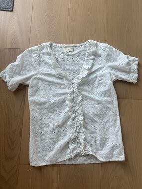 Sezane White Eyelet Ruffle Front Short Sleeve Blouse Top 34/2